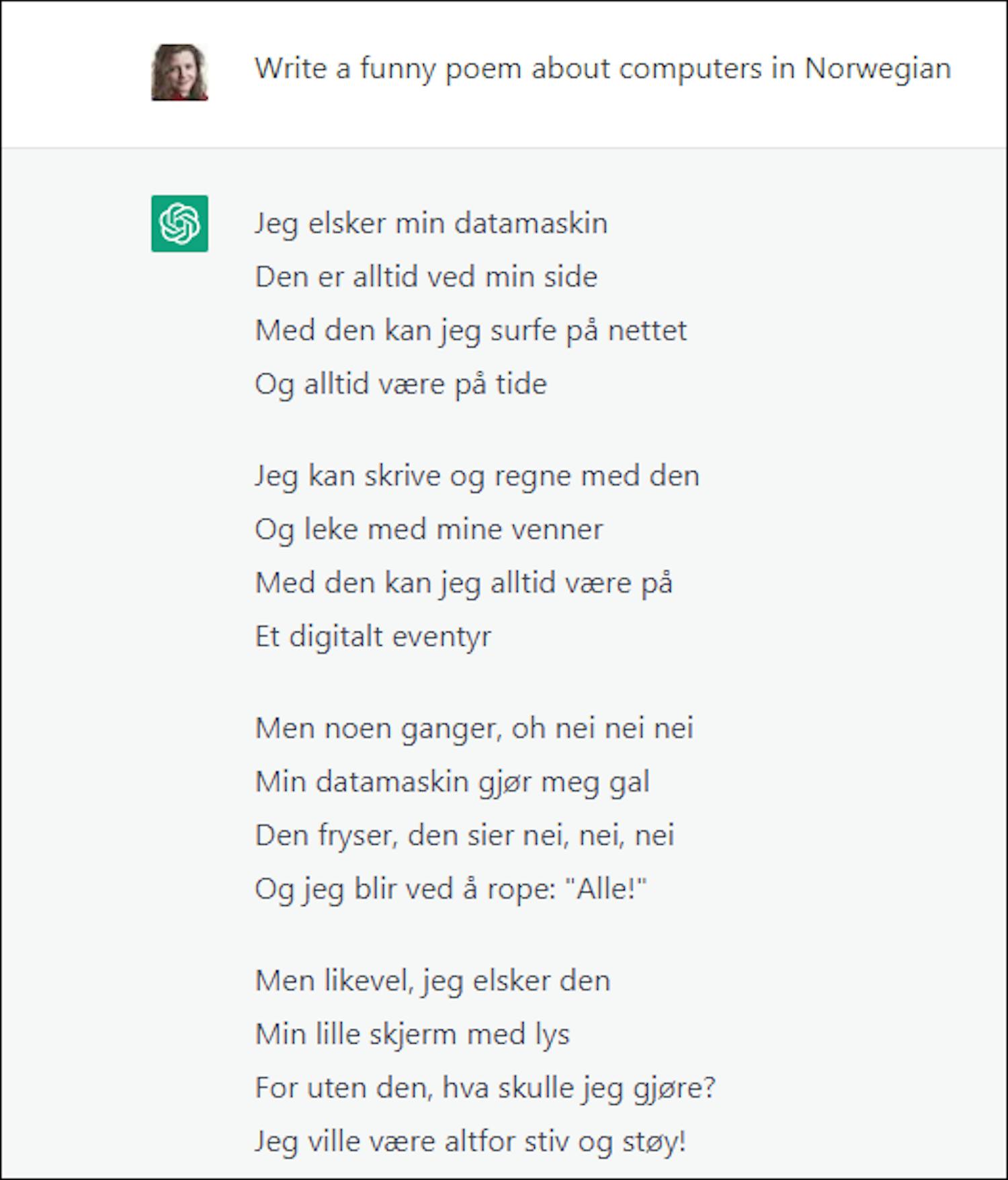 Et dikt av ChatGPT: ChatGPT kan skrive dikt på norsk